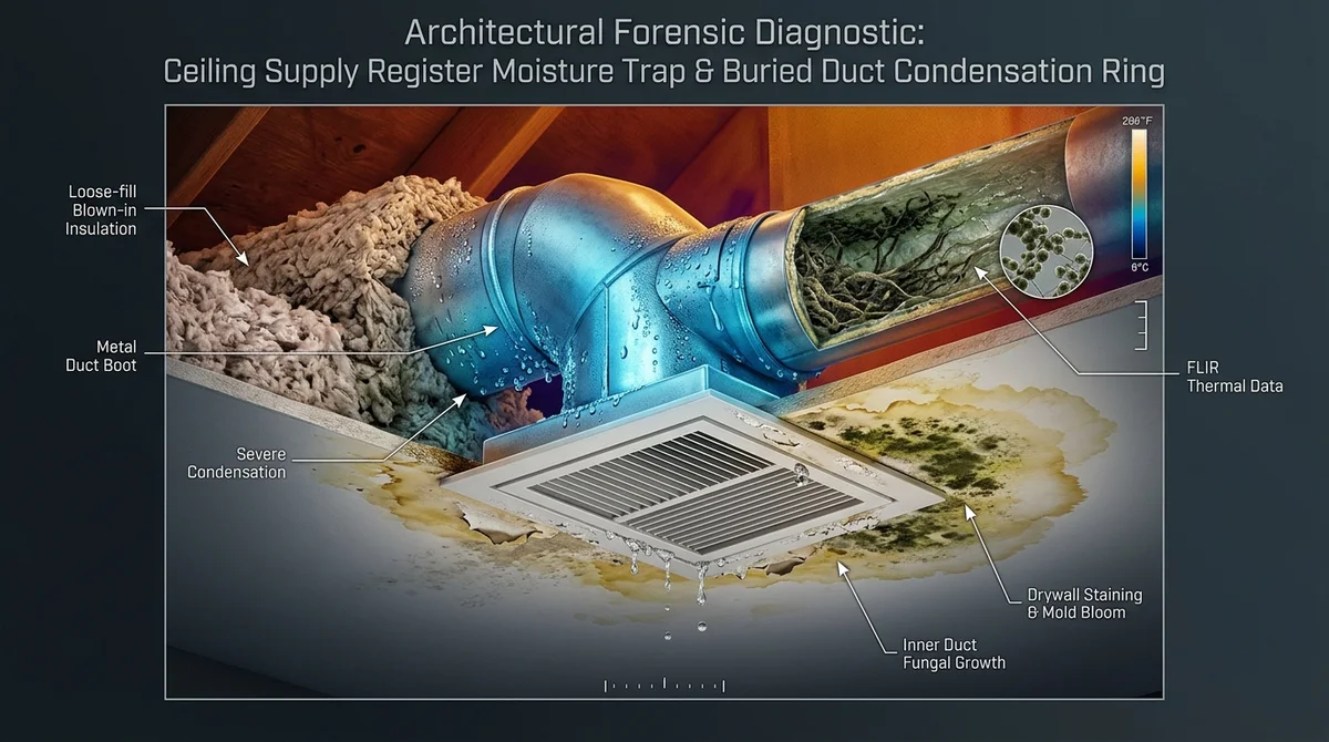 3D forensic diagnostic close-up showing sweating ceiling register boot, water dripping, and concentric black mold rings on drywall around the AC vent