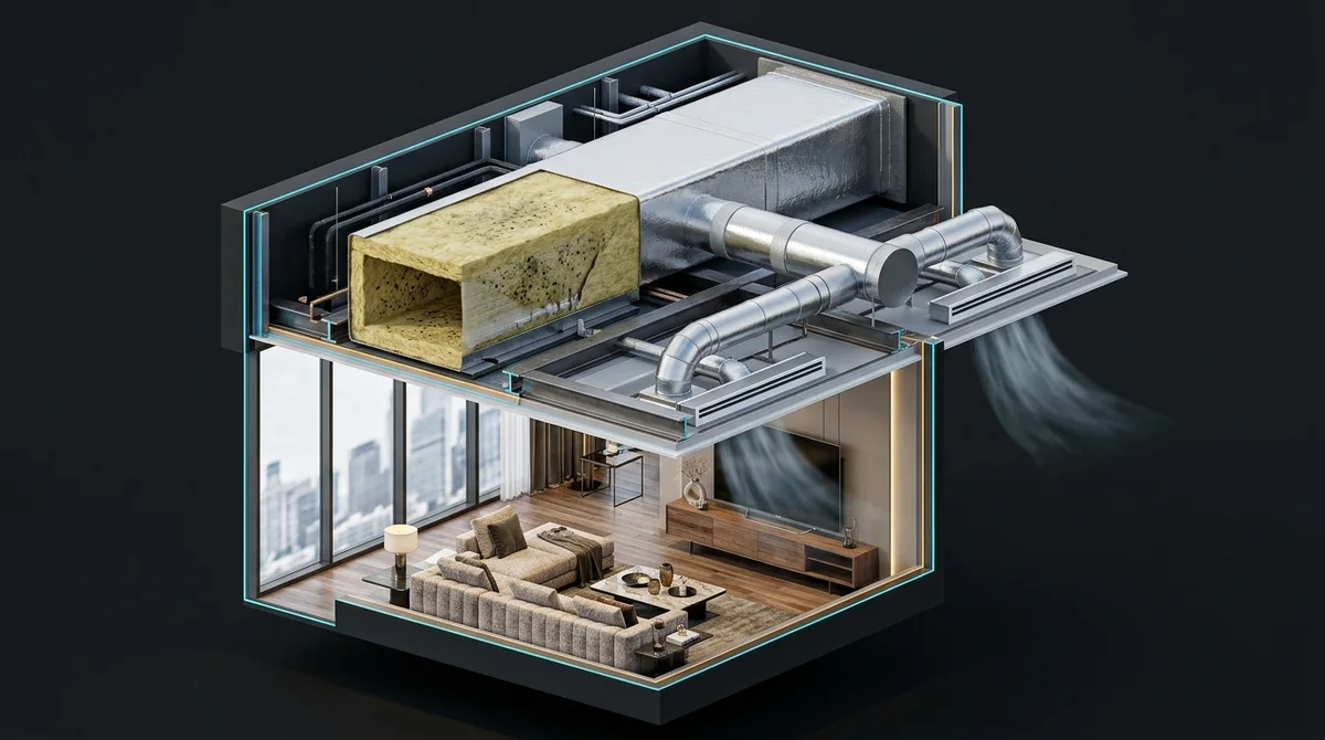 3D isometric cutaway of Palm Beach condominium apartment showing ceiling fiberglass duct board trunk lines and air grills