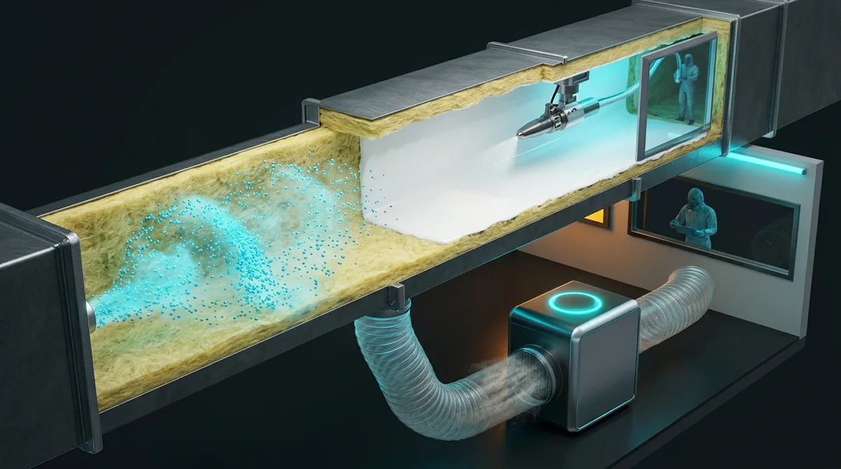 3D isometric scientific diorama showing electrostatic antimicrobial fogging and Sani Coat elastomeric sealant inside an HVAC duct