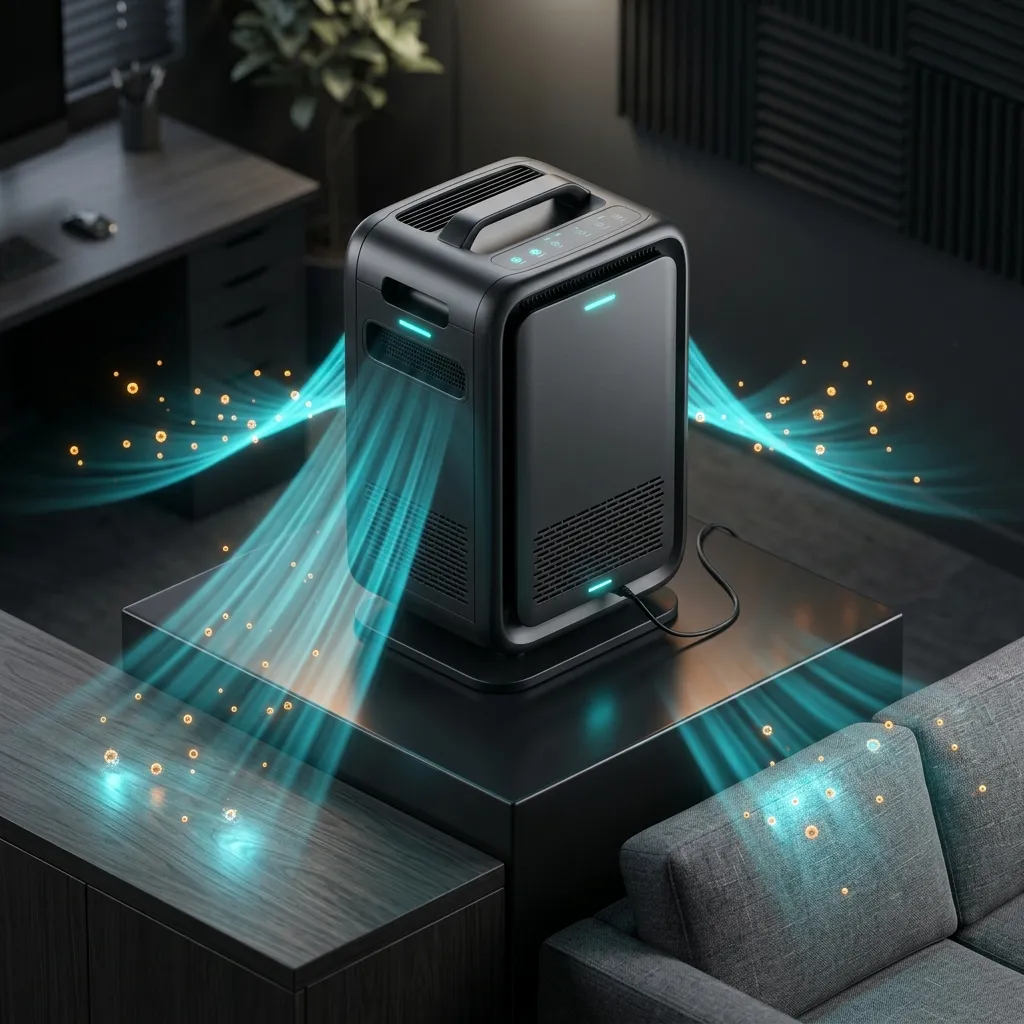 3D isometric rendering of Vollara Air and Surface Pro XL emitting ActivePure cyan purification rays across home surfaces