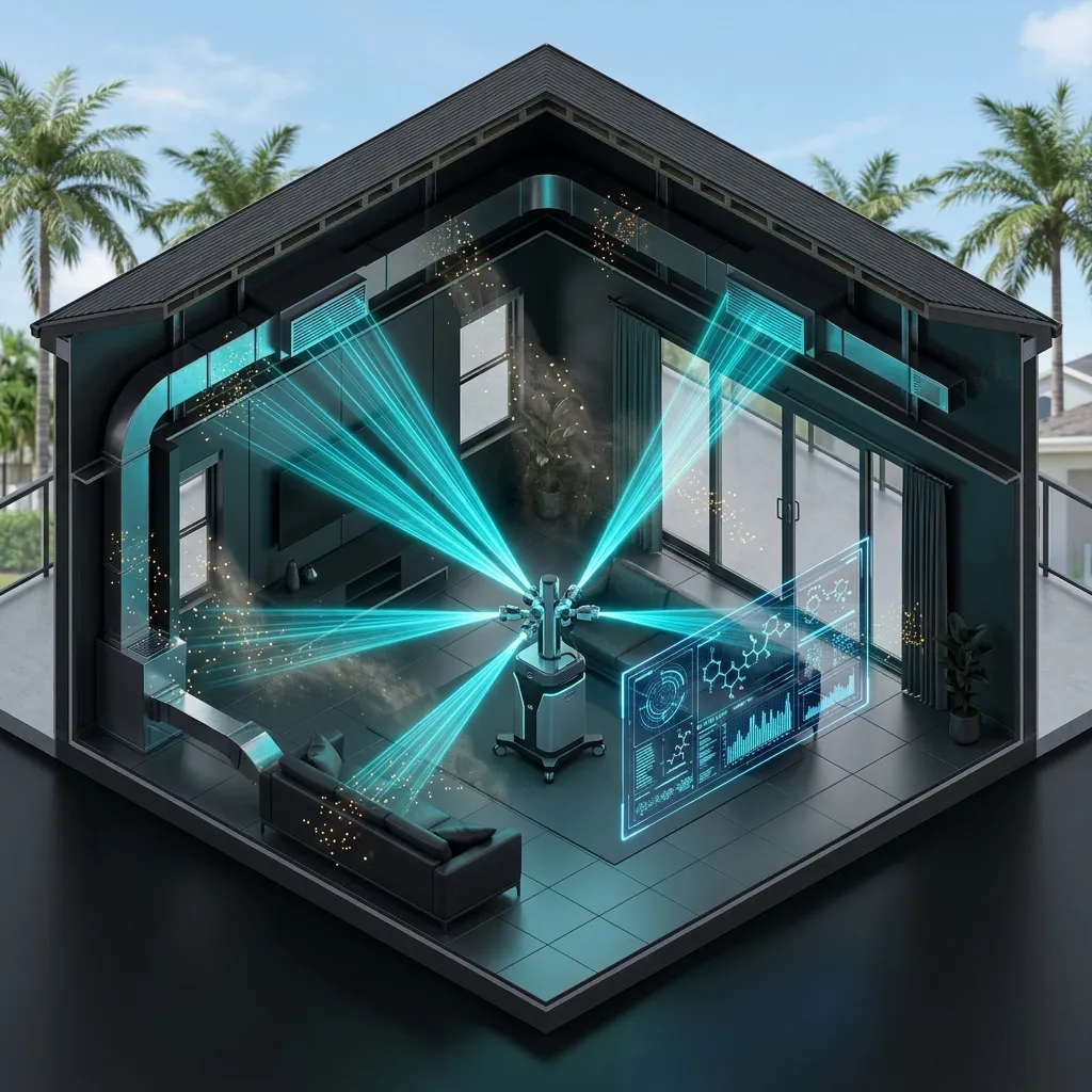 3D isometric ETCI environmental inspection device scanning a Florida home with cyan detection beams