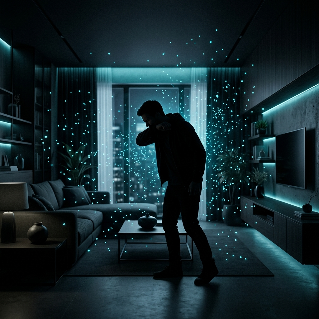 Microscopic dust particles floating in a living room