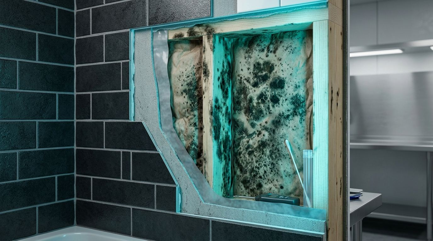 3D cross section showing hidden mold colonies blooming on wood framing studs and drywall backing behind shower tile