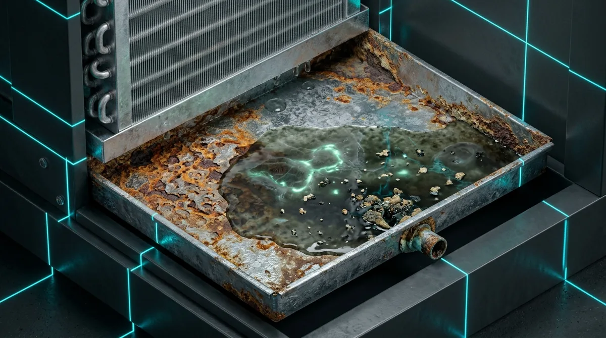 3D isometric scientific rendering of an HVAC galvanized drain pan with rust corrosion and bacterial biofilm