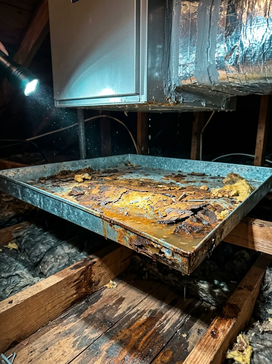 Vertical 3D forensic inspection cutaway of an HVAC secondary drain pan with rust and spray foam debris