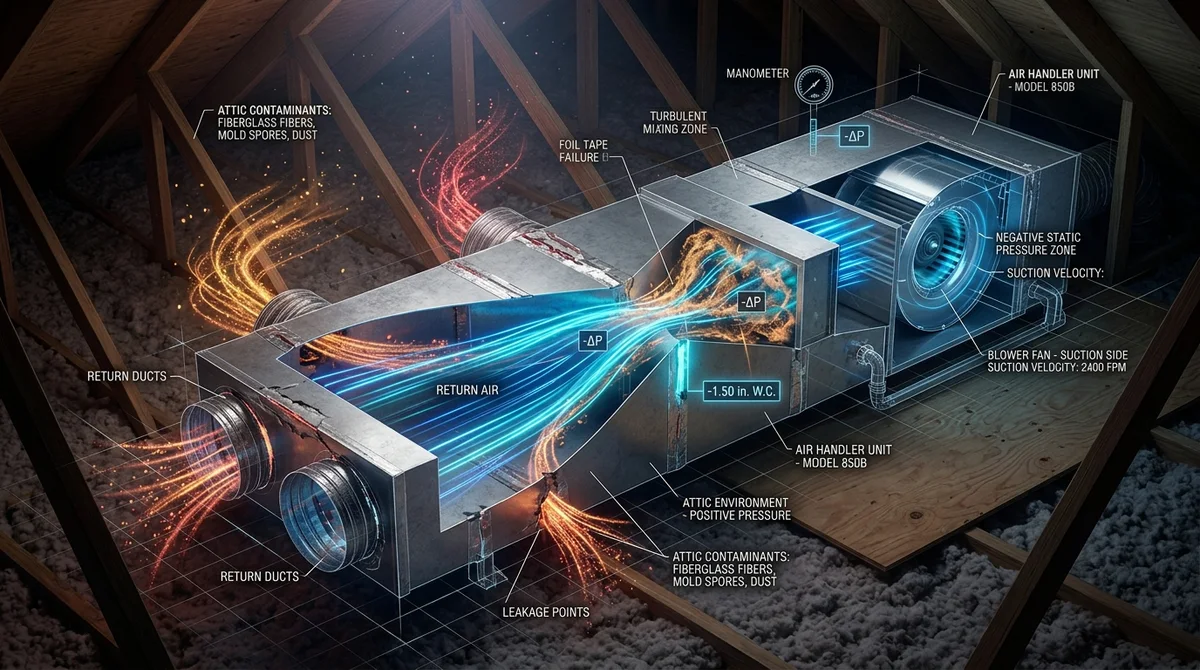 3D forensic cutaway of attic air handler showing Venturi effect negative pressure siphoning mold and attic dust into supply air