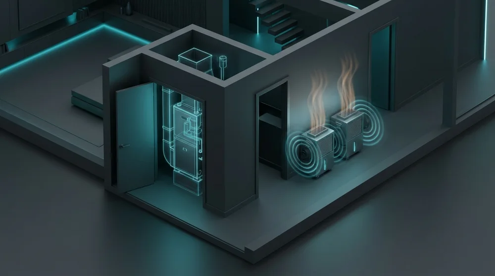 3D isometric rendering of residential HVAC mechanical closet powered down while industrial air scrubbers and dehumidifiers generate heat and sound waves