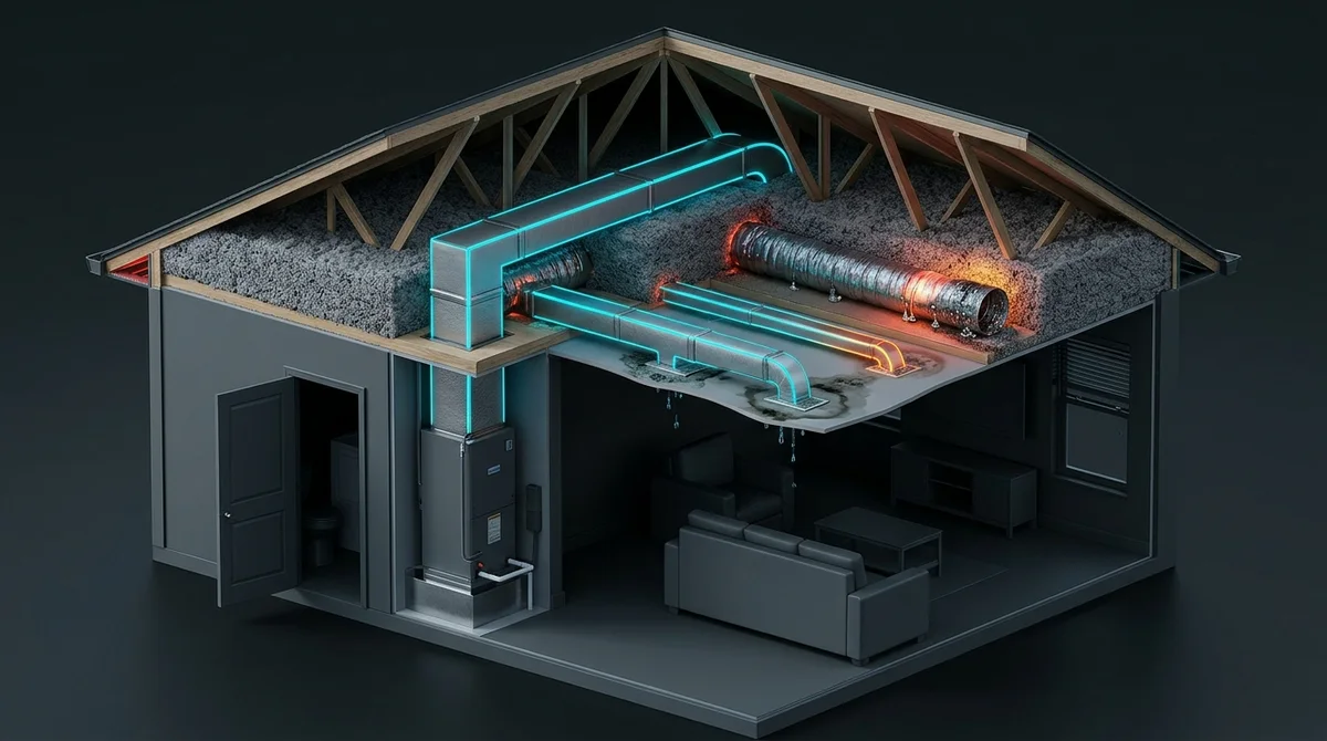 3D isometric cutaway of a Florida home showing a closet air handler, low-clearance attic with blocked soffit vents by R-32 insulation, and sweating buried ducts