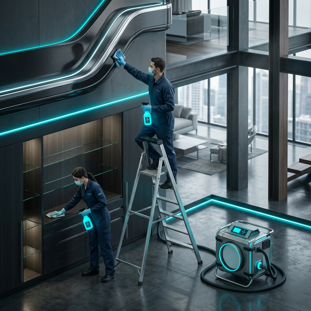 Technicians meticulously wiping down high and low surfaces