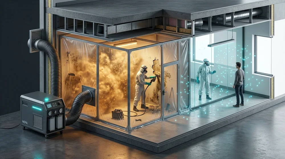 3D isometric rendering showing active mold removal technician inside sealed negative-pressure containment while clean air is maintained in the adjacent living room