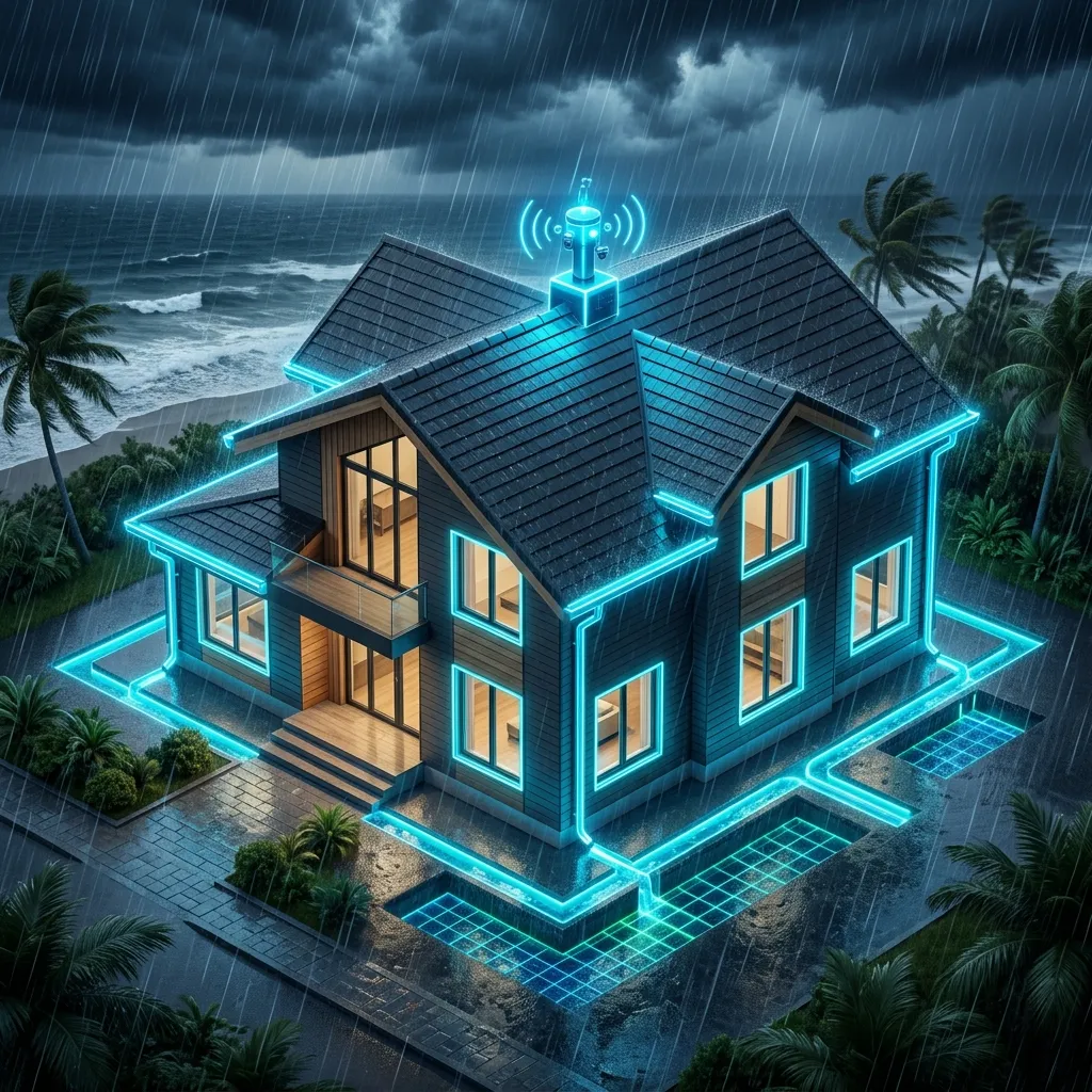 3D isometric Florida coastal home with cyan protective shield barriers activated against tropical rainstorm