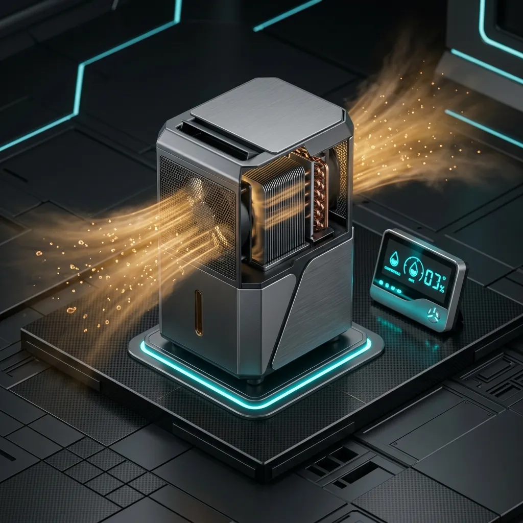 3D isometric dehumidifier and hygrometer system extracting moisture with cyan indicator lights