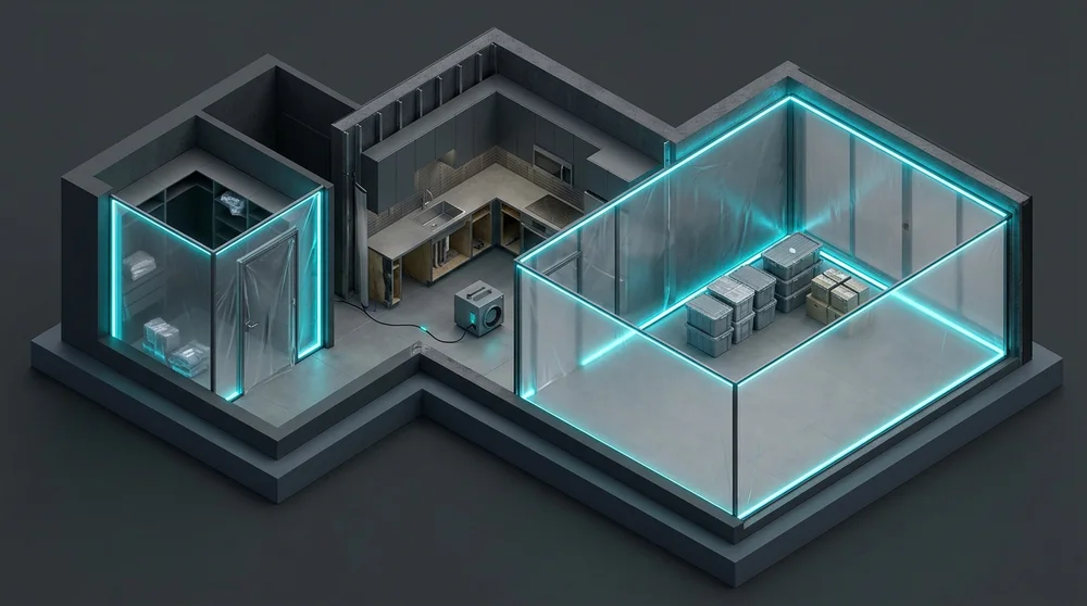3D isometric floorplan comparing localized closet containment, kitchen cabinet demolition, and whole-house packed-out living room