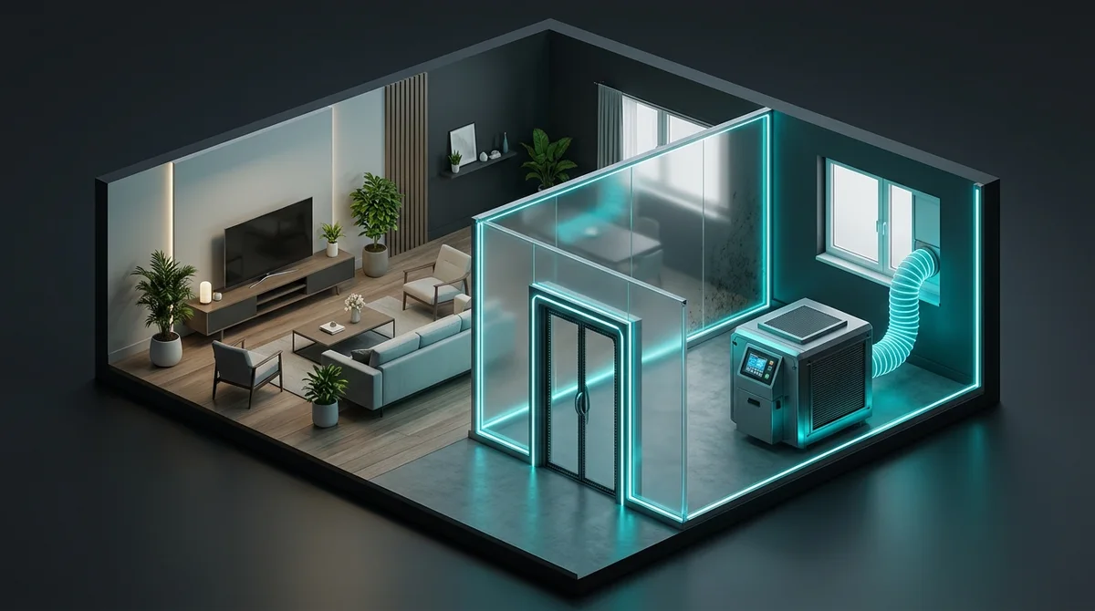 3D isometric cutaway diorama comparing clean living room space with sealed negative pressure mold containment zone
