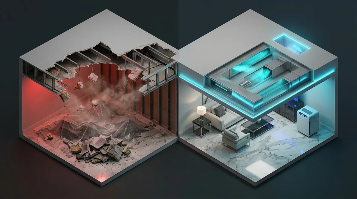 3D isometric split comparison of Palm Beach condominium showing invasive ceiling drywall demolition vs non-destructive Sani Effect encapsulation
