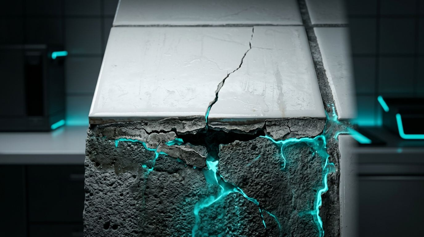 Macro detail of cracked ceramic shower tile joint with moisture seepage into porous concrete substrate