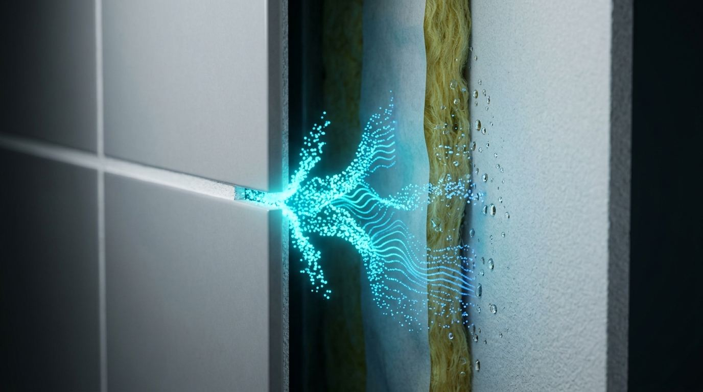 Vapor pressure gradient forcing moisture molecules through grout joint into cold wall cavity