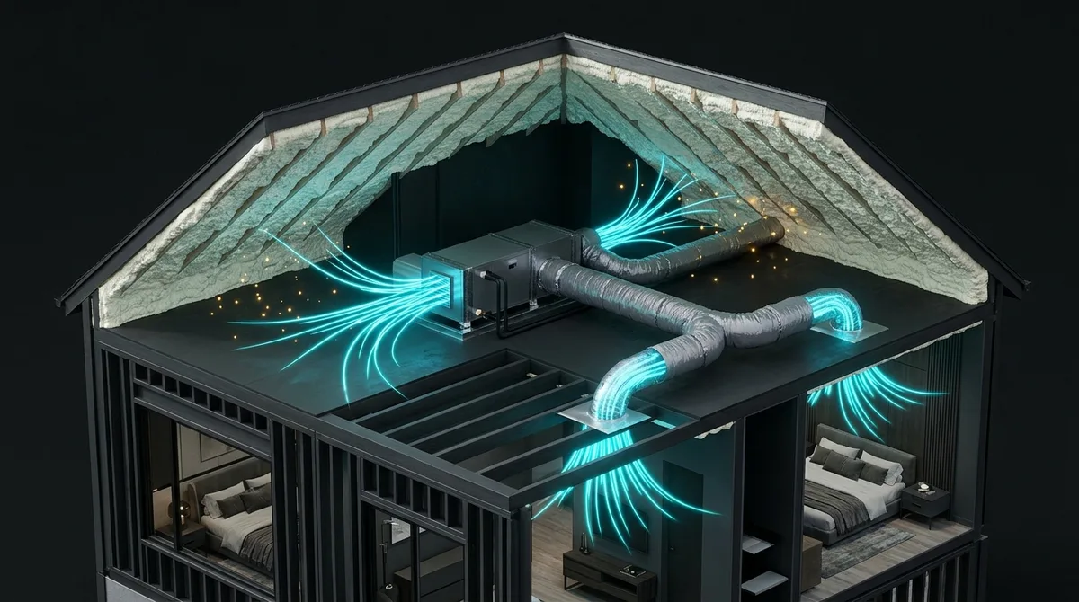 3D isometric architectural cutaway of unvented spray foam attic showing negative pressure suction of attic air into HVAC ducts