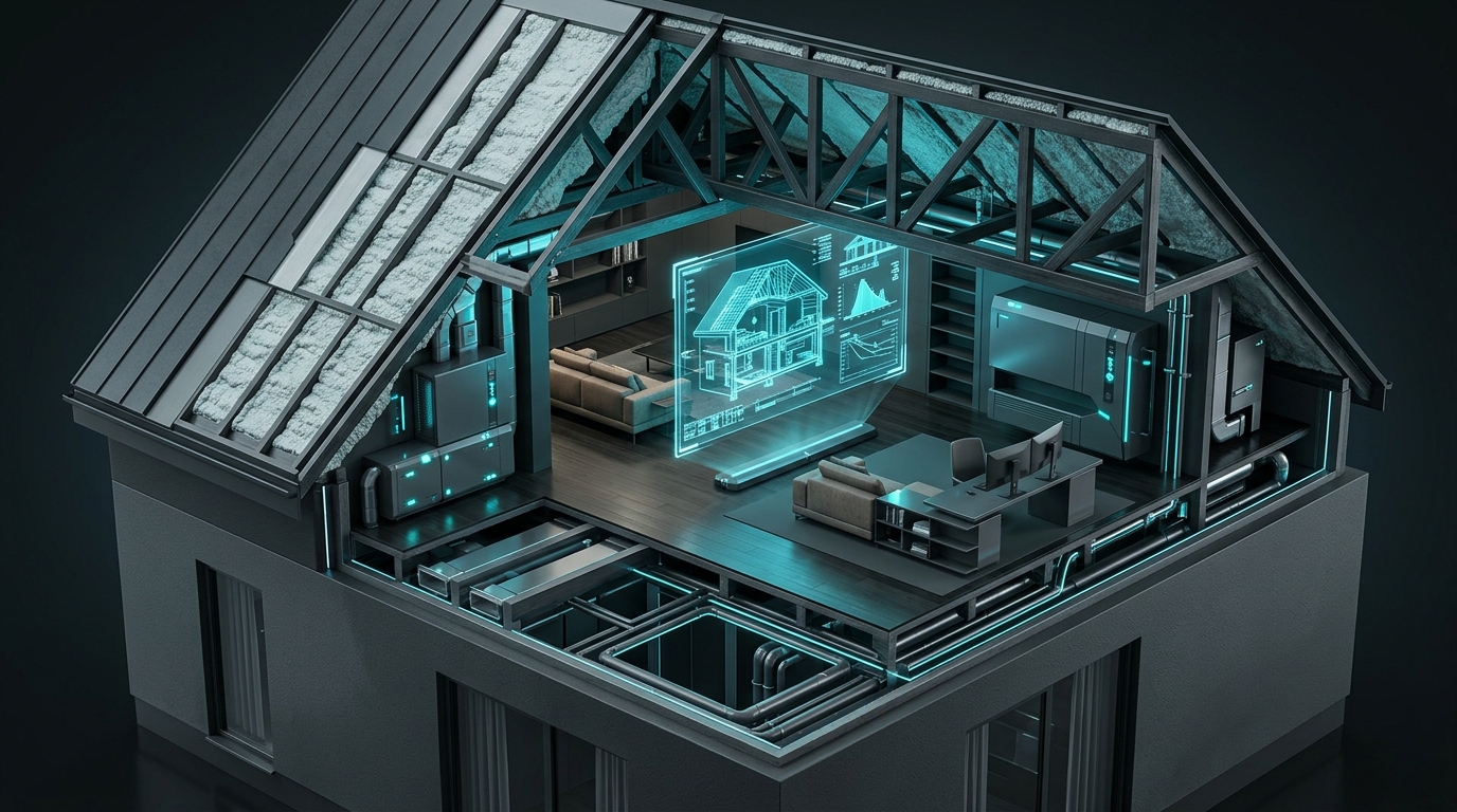 3D isometric architectural cutaway of modern conditioned attic space with engineering blueprints and air quality equipment