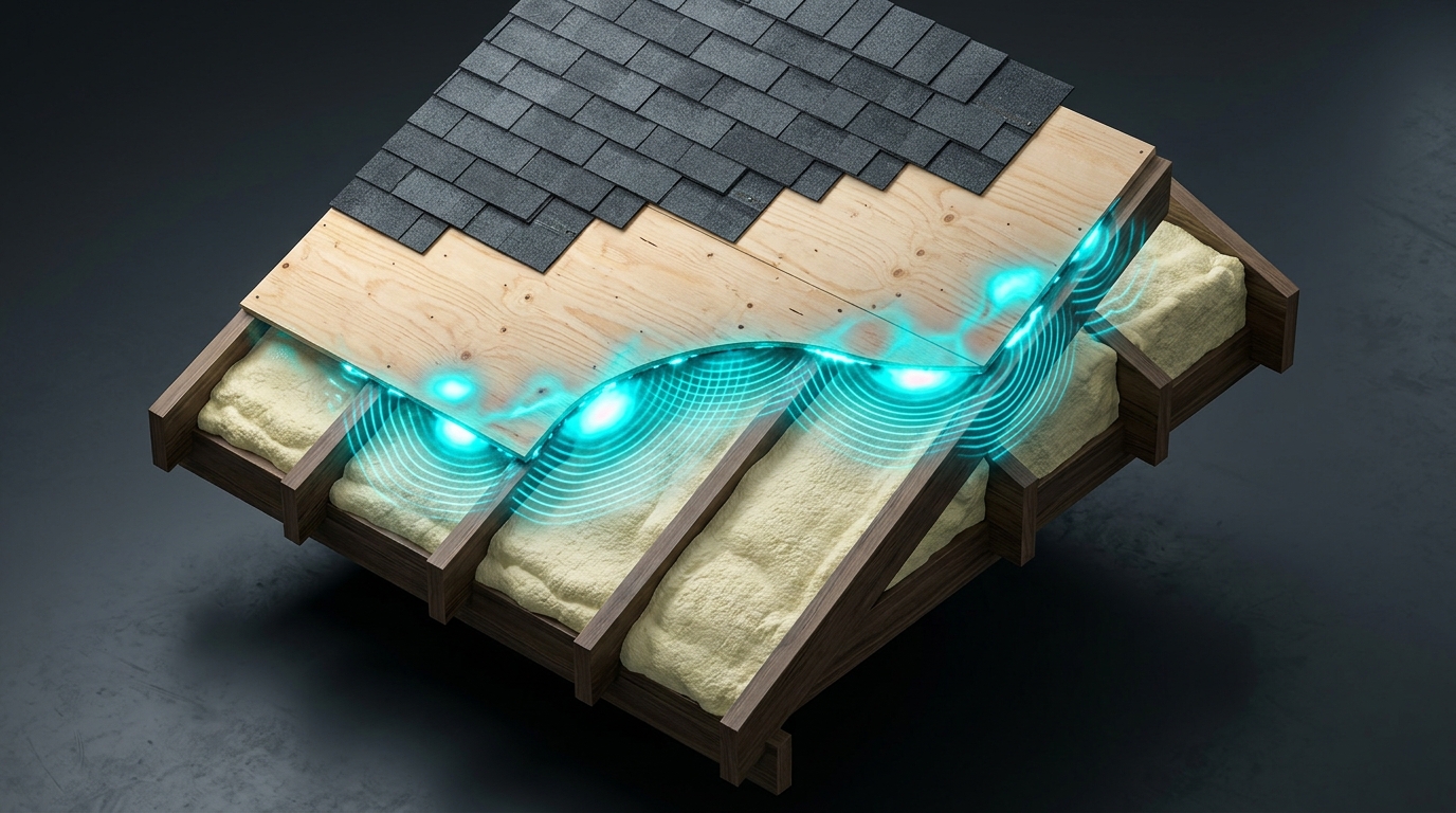 3D isometric rendering of roof shingles with spray foam trapping hidden water moisture against plywood roof deck