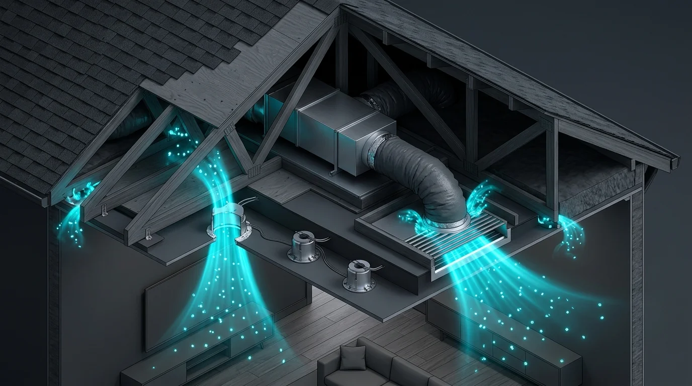 3D isometric view of attic ceiling interface showing AC flex duct plenum condensation and spore migration through recessed lighting