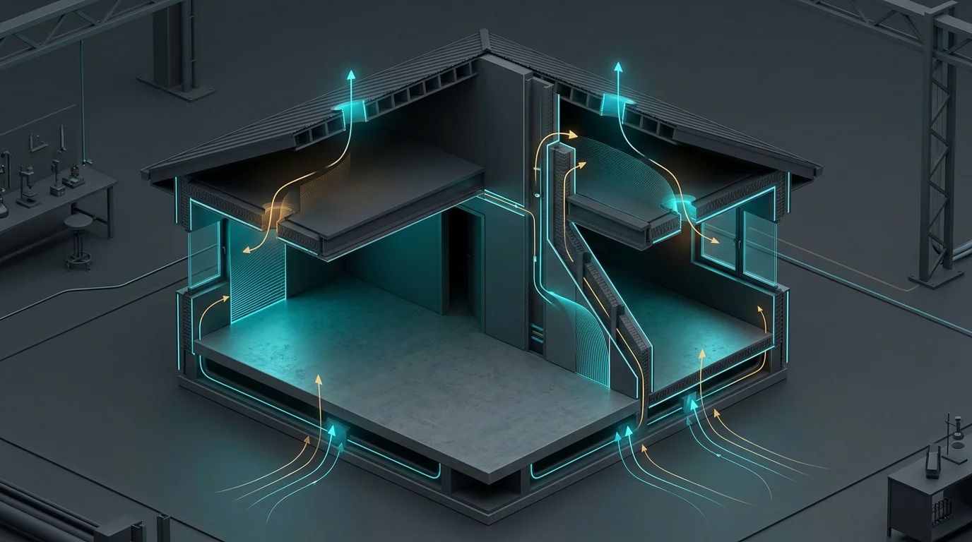 3D isometric cutaway of modern building envelope showing stack effect thermal airflow and fungal spore movement