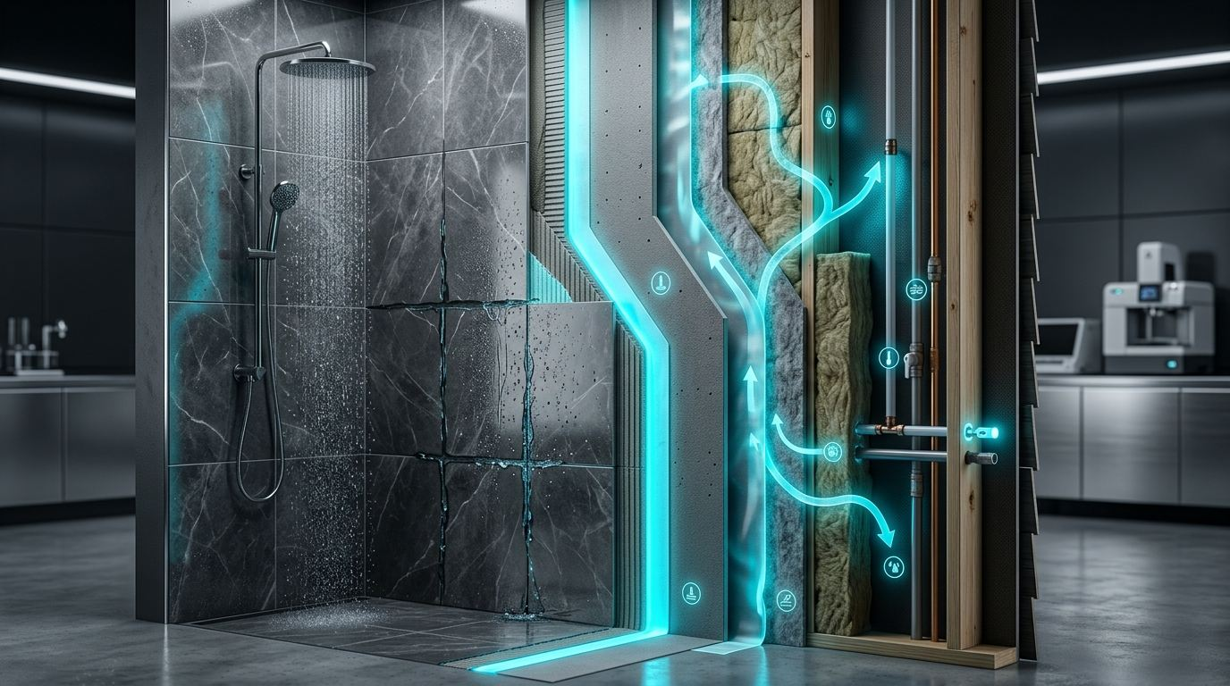 3D cross-section diagram of shower tile assembly, vapor pressure drive, and hidden wall cavity moisture dynamics