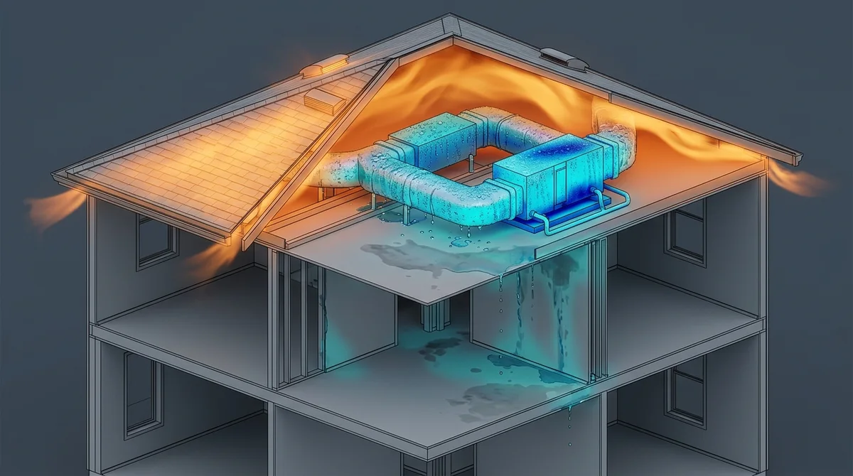 3D isometric cutaway of a two-story Florida home showing unsealed attic sweating ducts and gravity moisture cascade