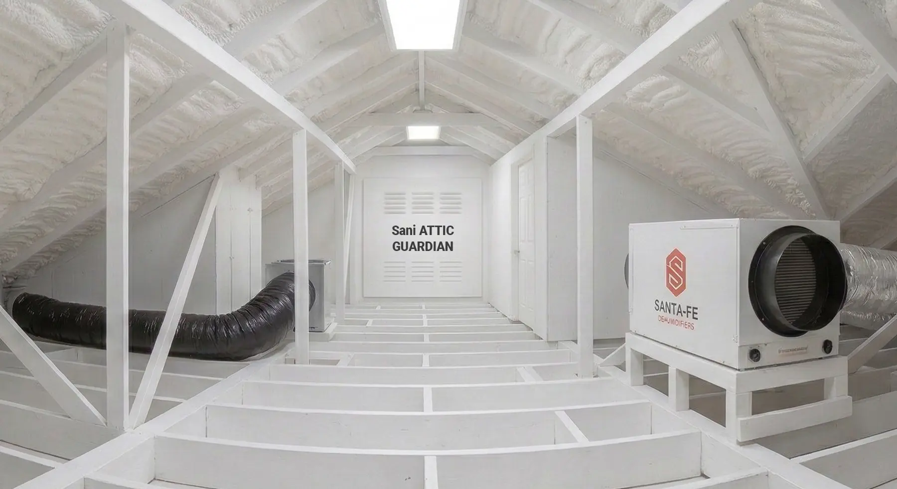 Sani Attic Guardian and Dehumidifier Setup in a Spray Foam Attic